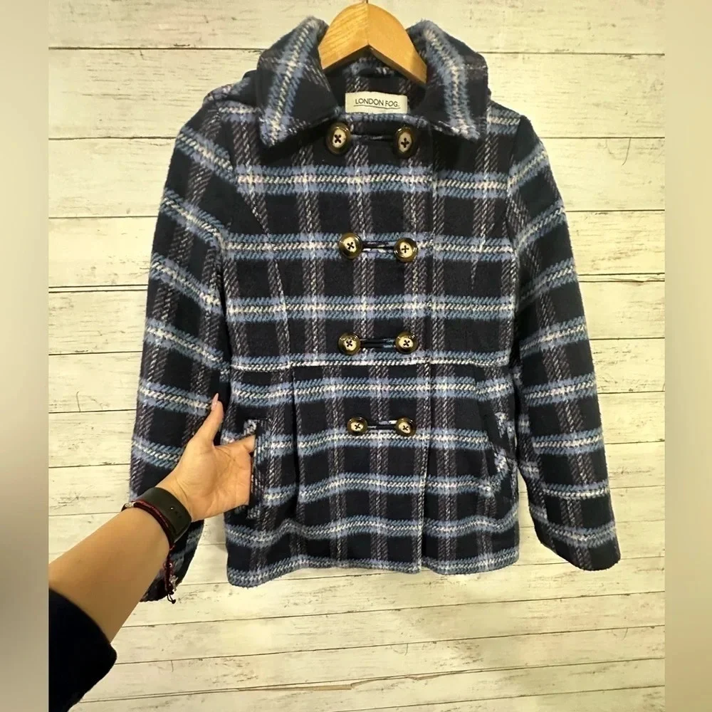 London Fog Girls Plaid Hooded Pea Coat Size 14/16